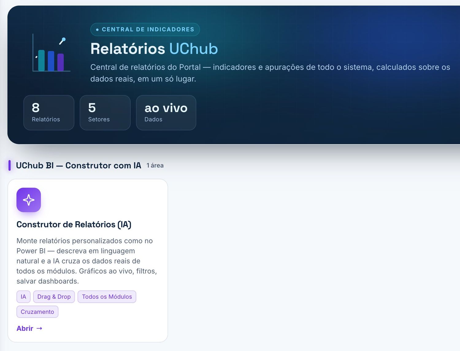 Relatórios com IA — Descreva em português; a IA monta o painel.